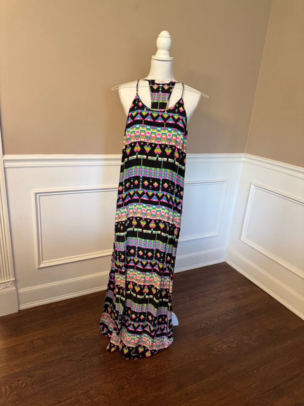 Alice & Trixie Black Maxi Skirt with Pink, Teal & Yellow Geometric Stripes